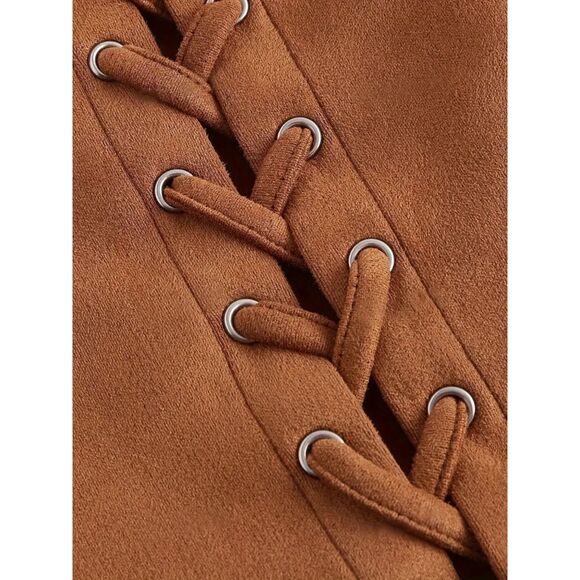 Vintage-Inspired Elegant Brown Crop Top drawstring lace-up front Size 12 - Picture 3 of 5